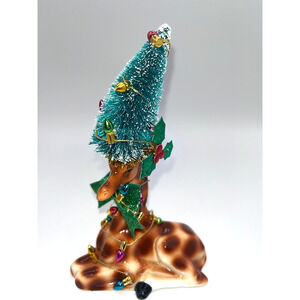 Vintage Christmas Giraffe RARE! Bottle Brush Tree Hat w/ Mini String Lights OOAK